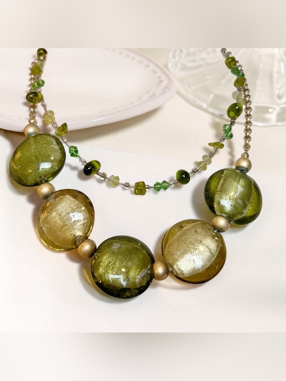 Two green-toned glass bead necklaces, art-glass stunning duo! Chic Elegant